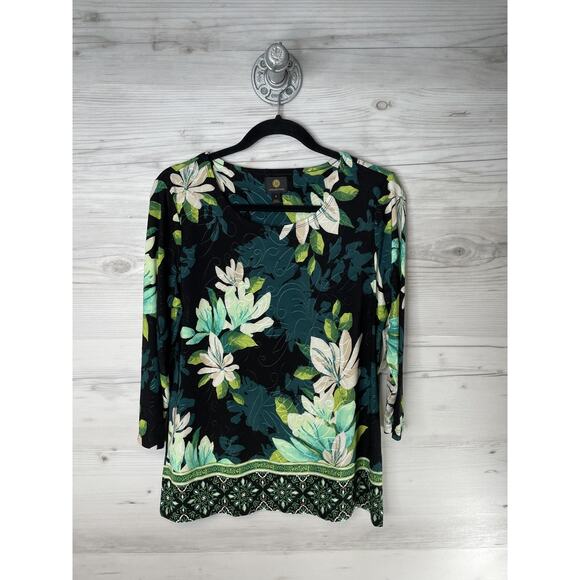JM Collection Shirt Womens Medium Black Green Floral 3/4 Sleeve Scalloped Hem - Picture 1 of 9